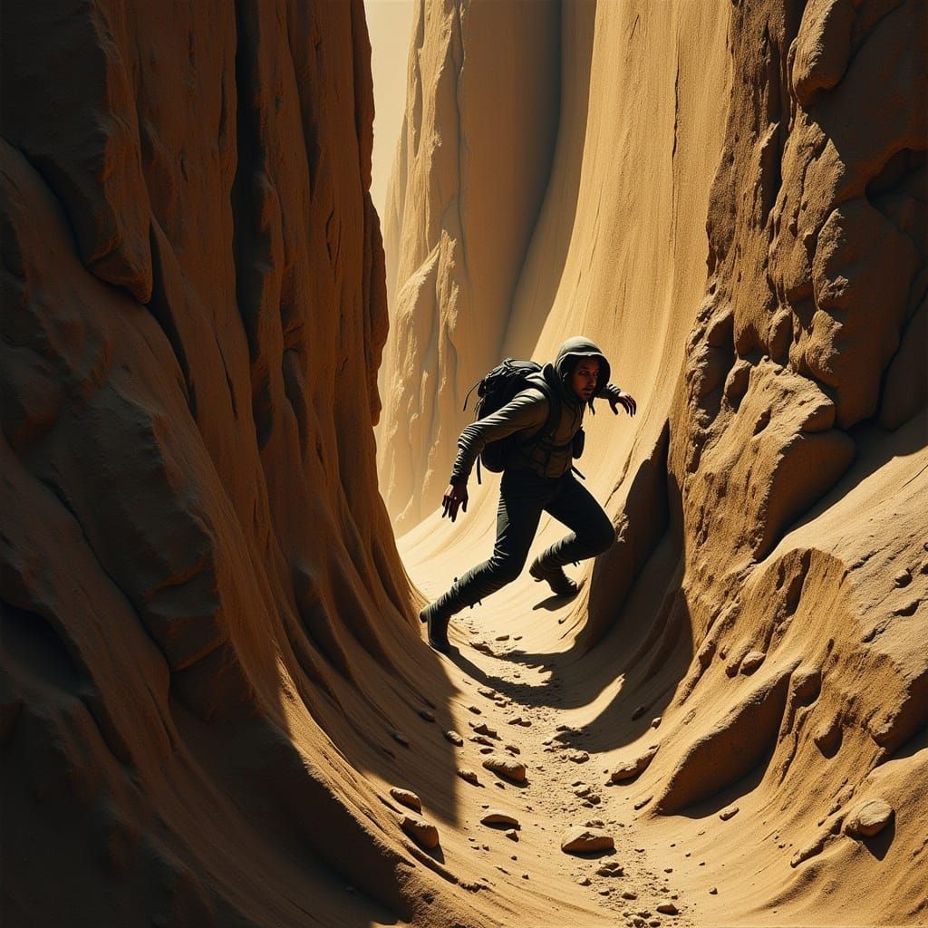 Hiker Clinging to Sandy Cliff Face