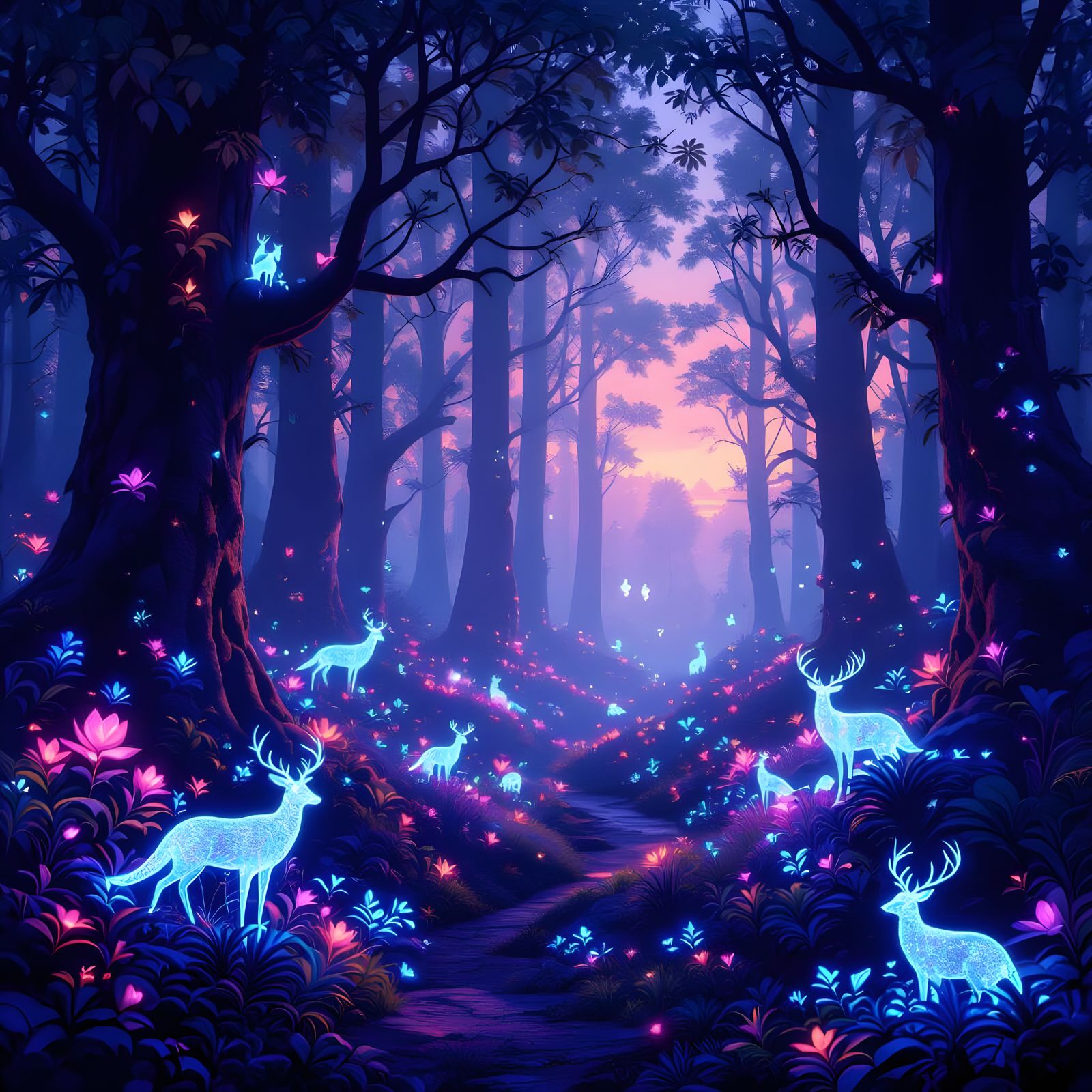 Surreal Holographic Wildlife in Glowing Mythical Forest