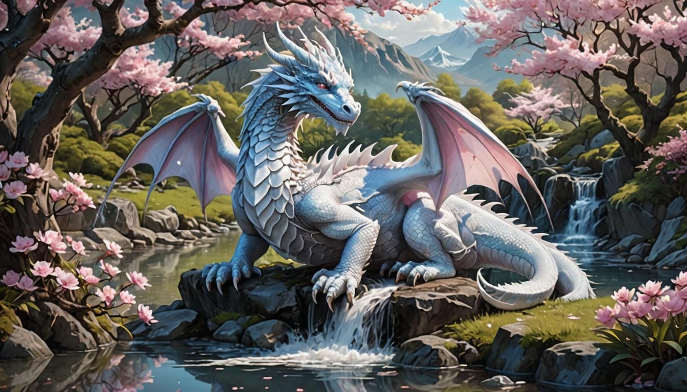 hyper realistic, detailed, gentle, soft looking, crystal transparent white dragon with majestic features and blue eyes. ...