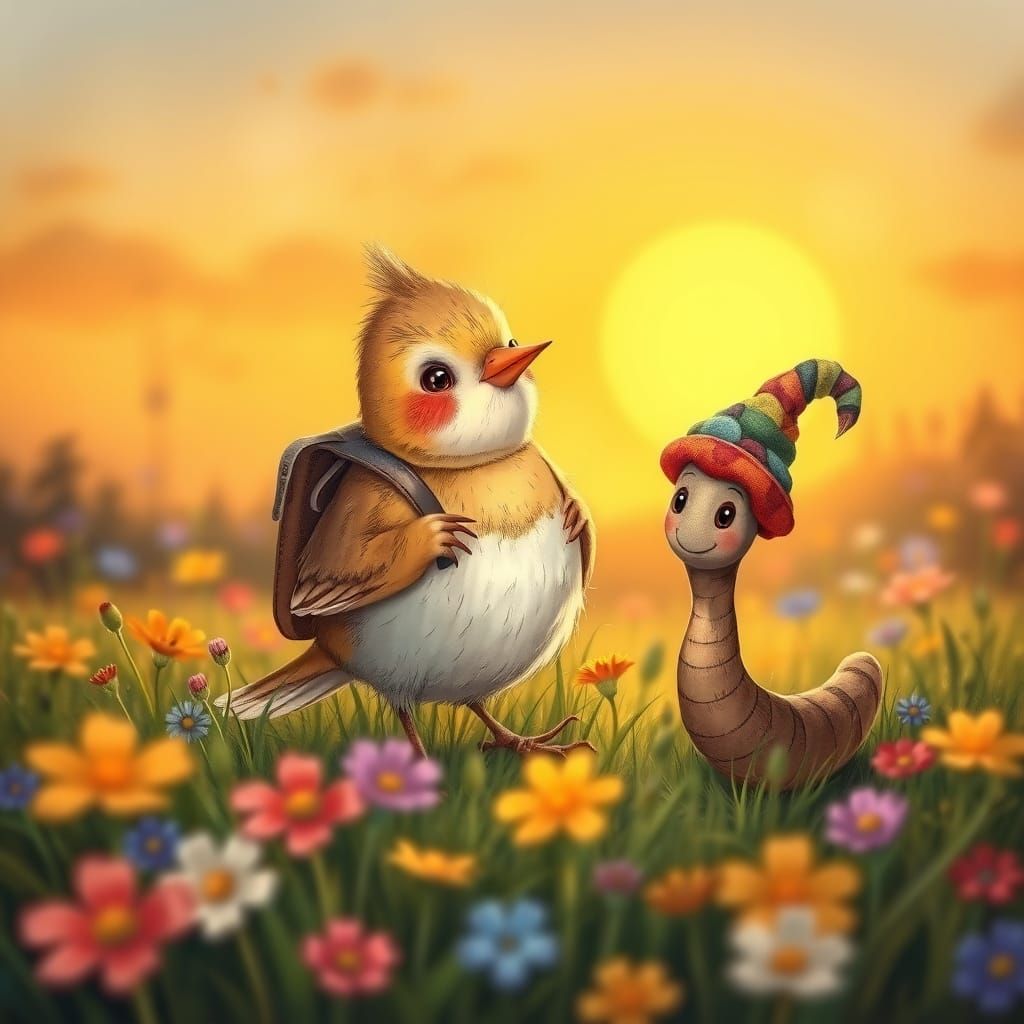 Bird and Worm Friends in Whimsical Meadow Sunset