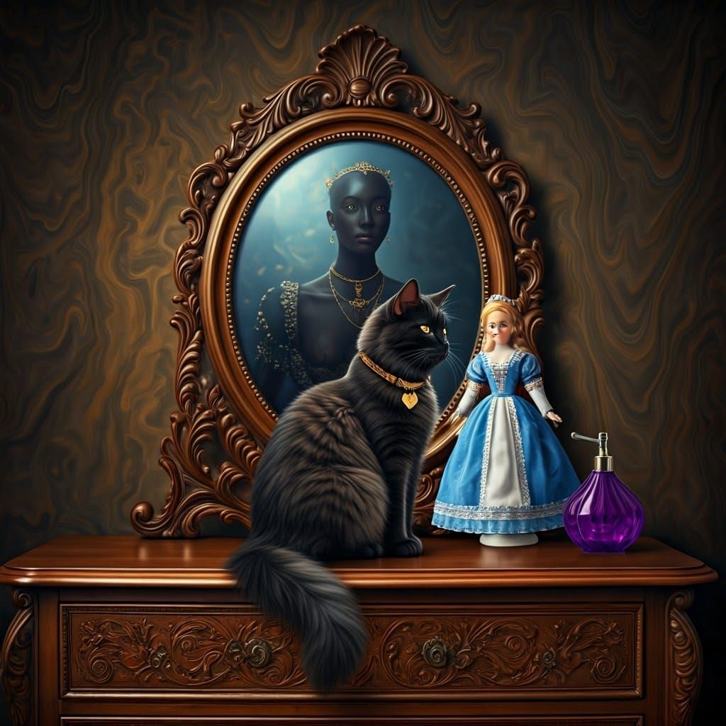Surreal Dresser Scene with Cat and Renaissance Reflection