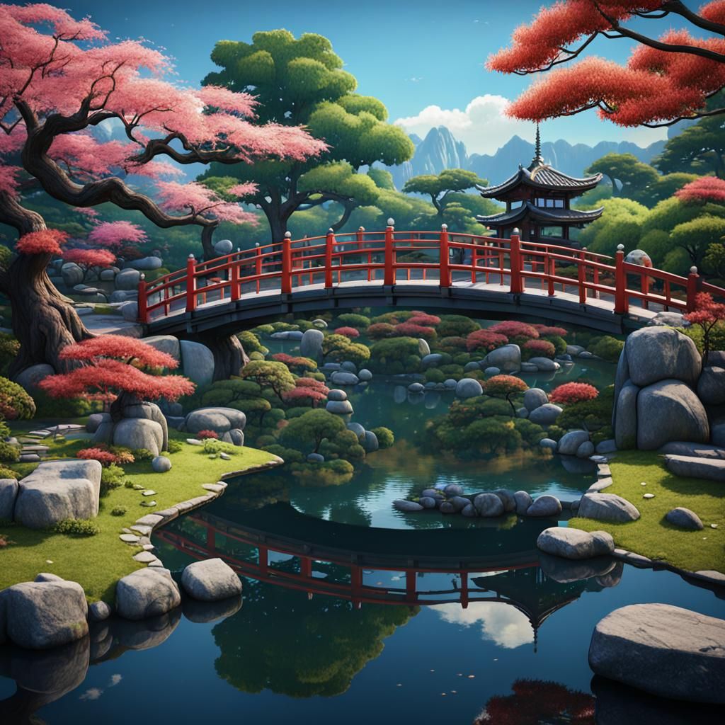 Japanese Garden with Lanterns, a Detailed Matte Painting