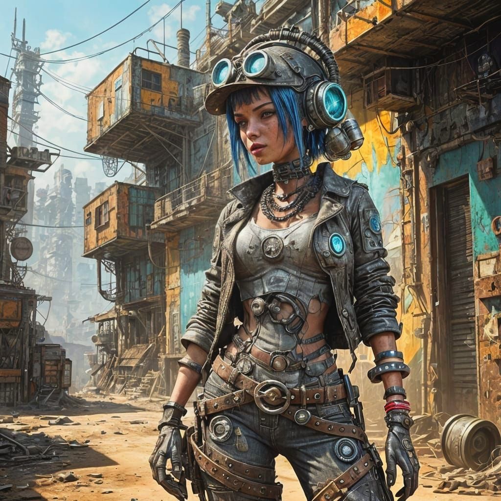 Cyberpunk Robot Cowgirl Bandit in Dieselpunk Favela