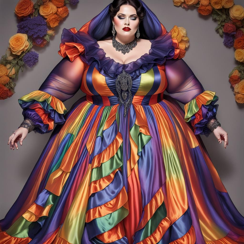 Rainbow Satin Gown with Flowing Sleeves