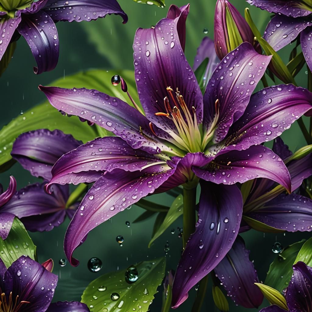 Purple Lily with Water Droplets as Oil Painting