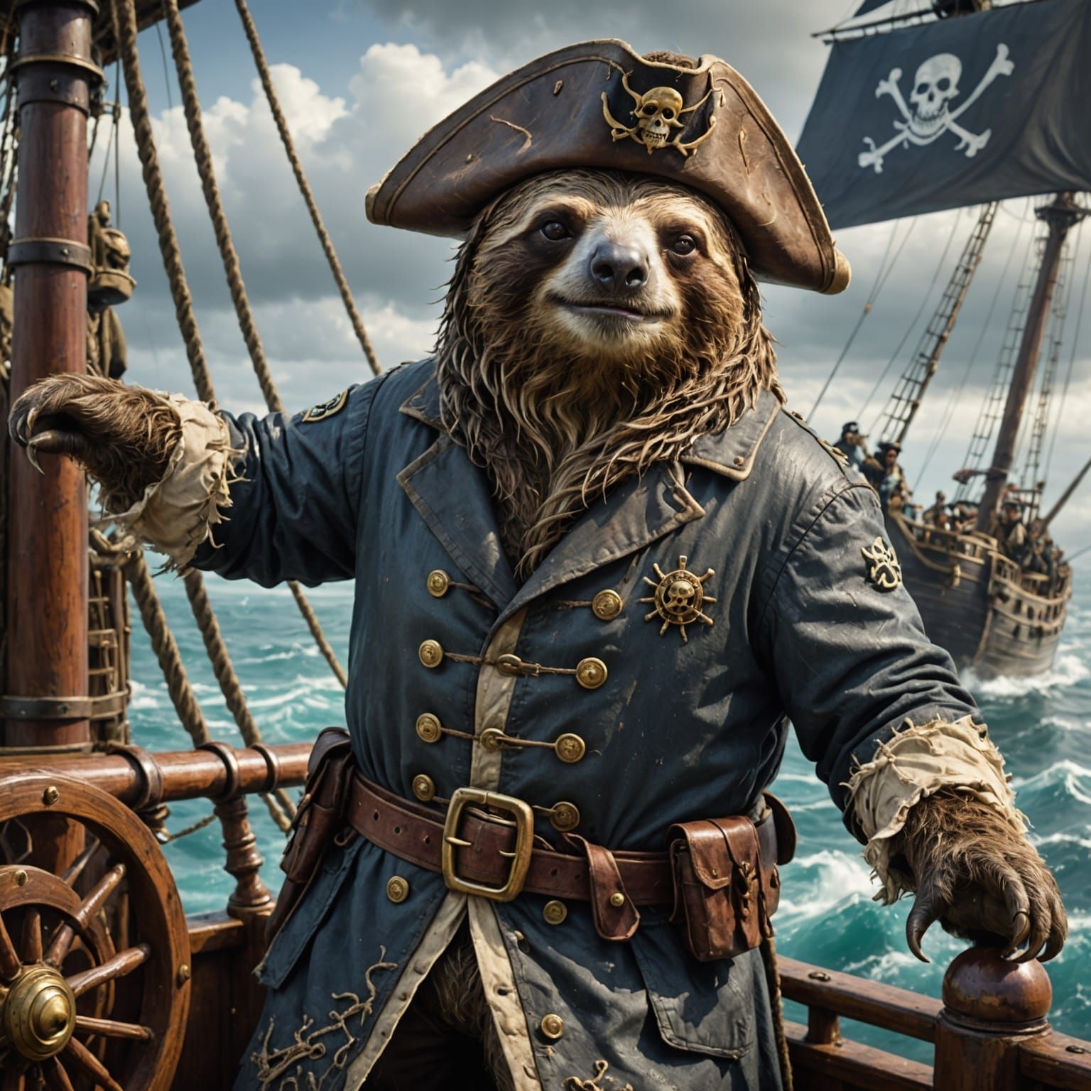 Sloth Pirate Captain Guiding Ship Through Stormy Seas