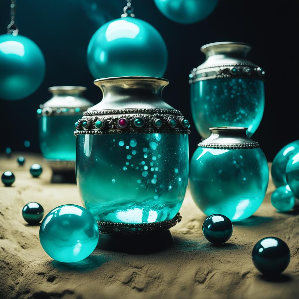 Silver Cylinders with Blue Lightning, Cinematic Still