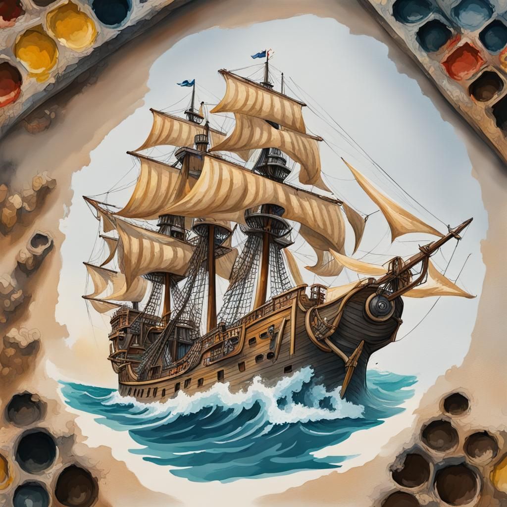 German Pirate Ship in Gouache Style