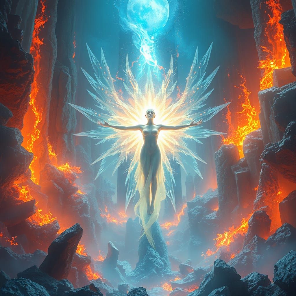 Ethereal Being Amidst Cataclysmic Downfall as Matte Painting