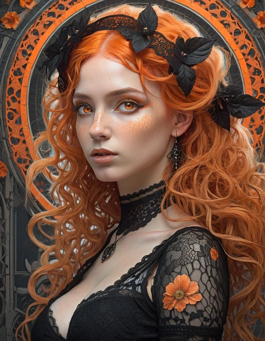 Pale Goddess with Orange Hair in Fantasy Style