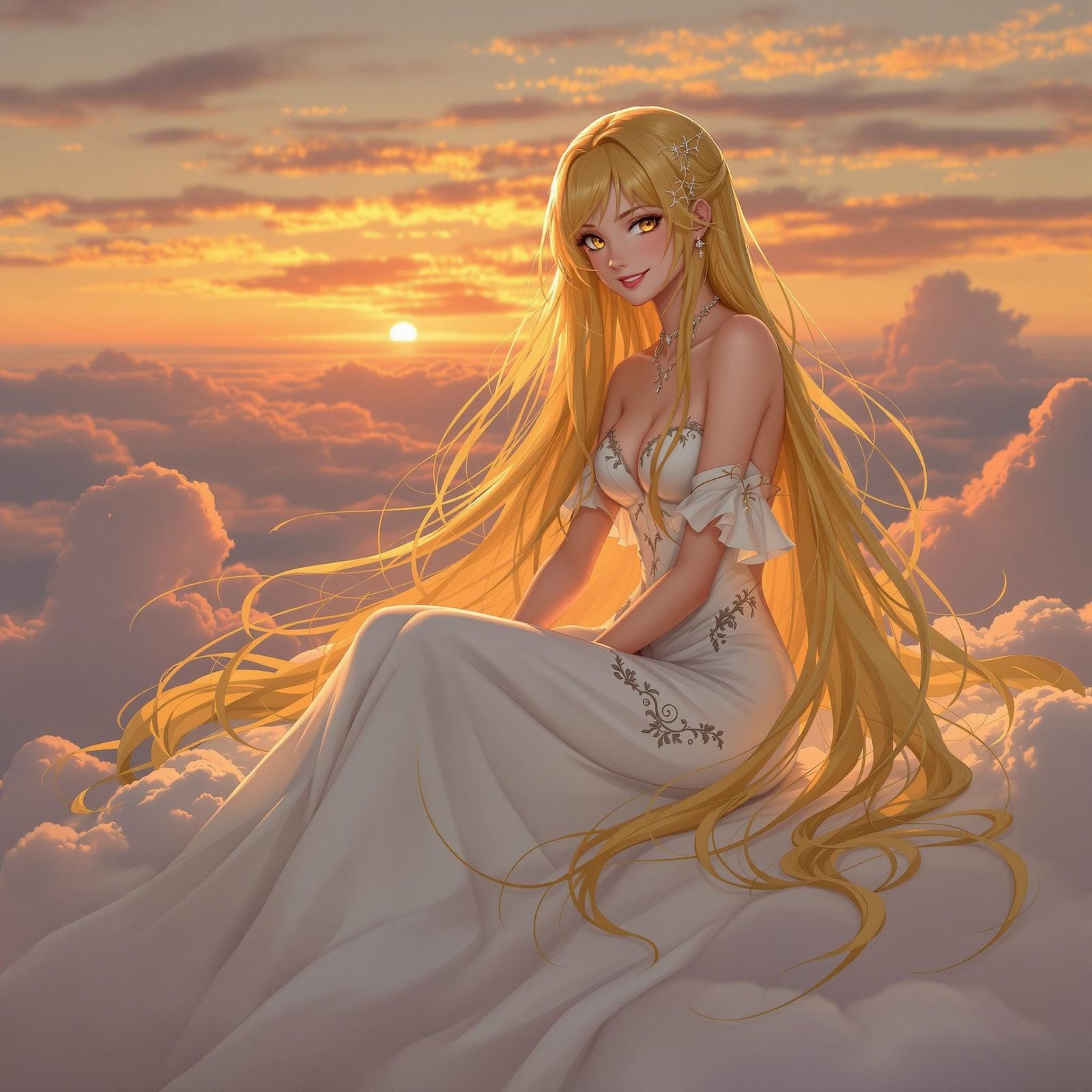 Elegant Maiden Sits on Cloud Amidst Sunset