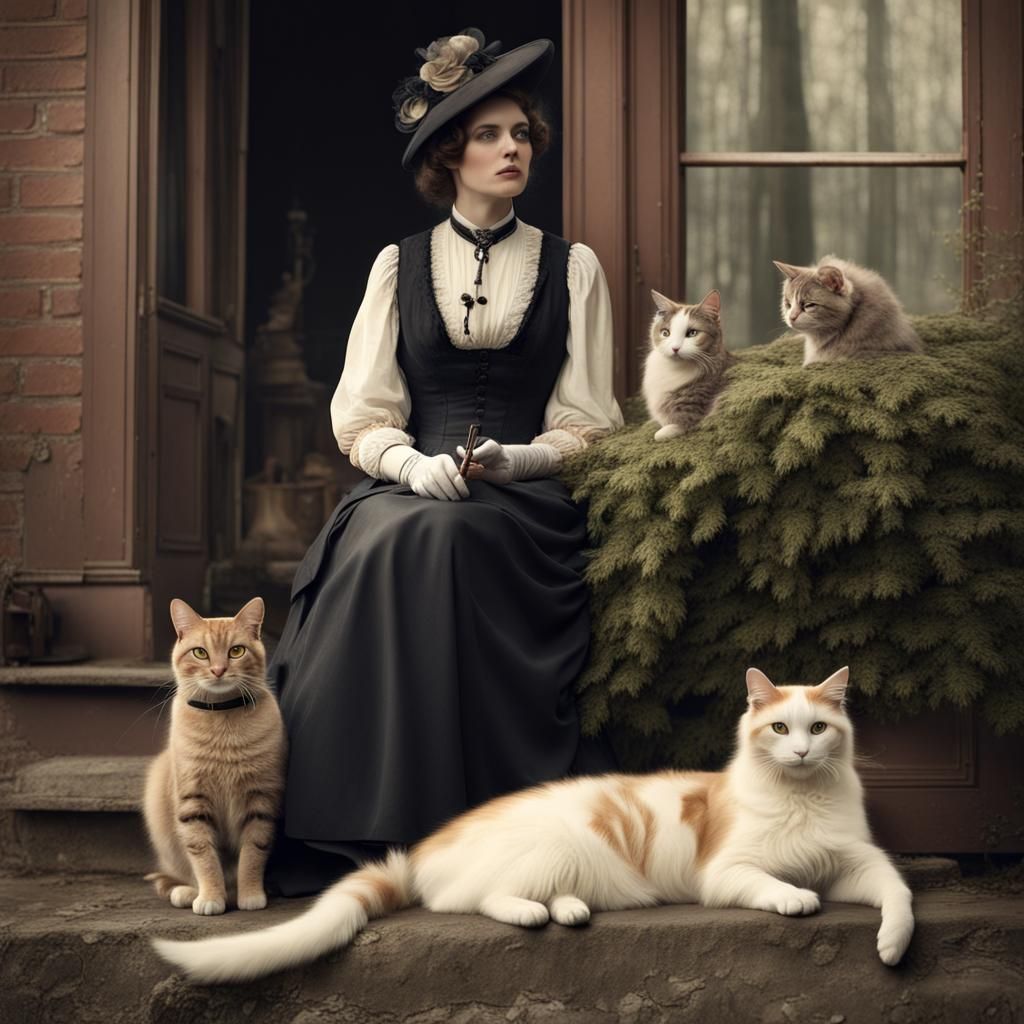 Edwardian Woman with Cats in Matte Painting Style