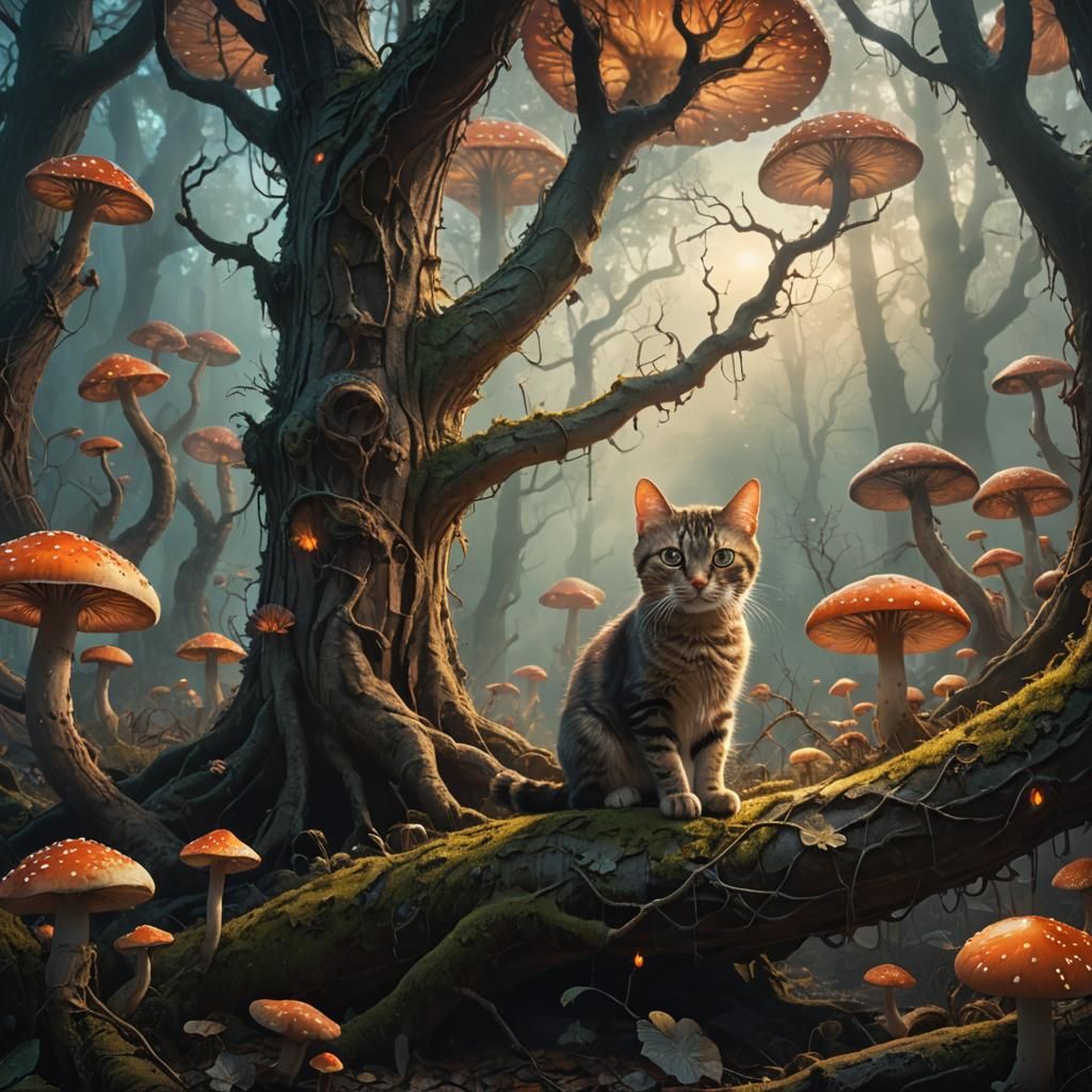 Mystical Cat in Enchanted Forest: Digital Matte Painting