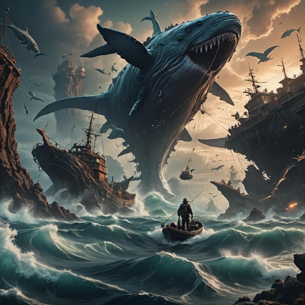 Turbulent Sea: Fisherman and Alien Whales