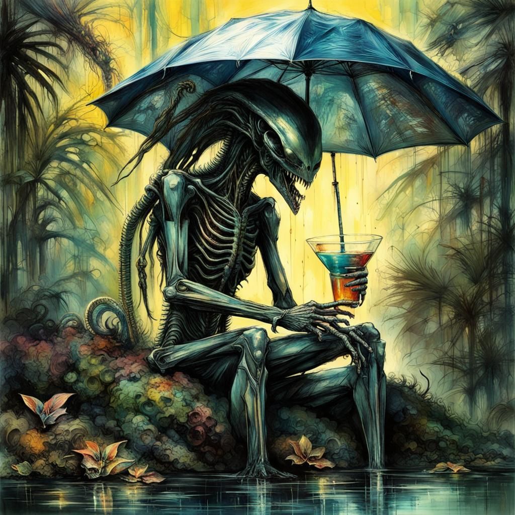 Xenomorphs Sunbathing on Tropical Planet: Colorful Art