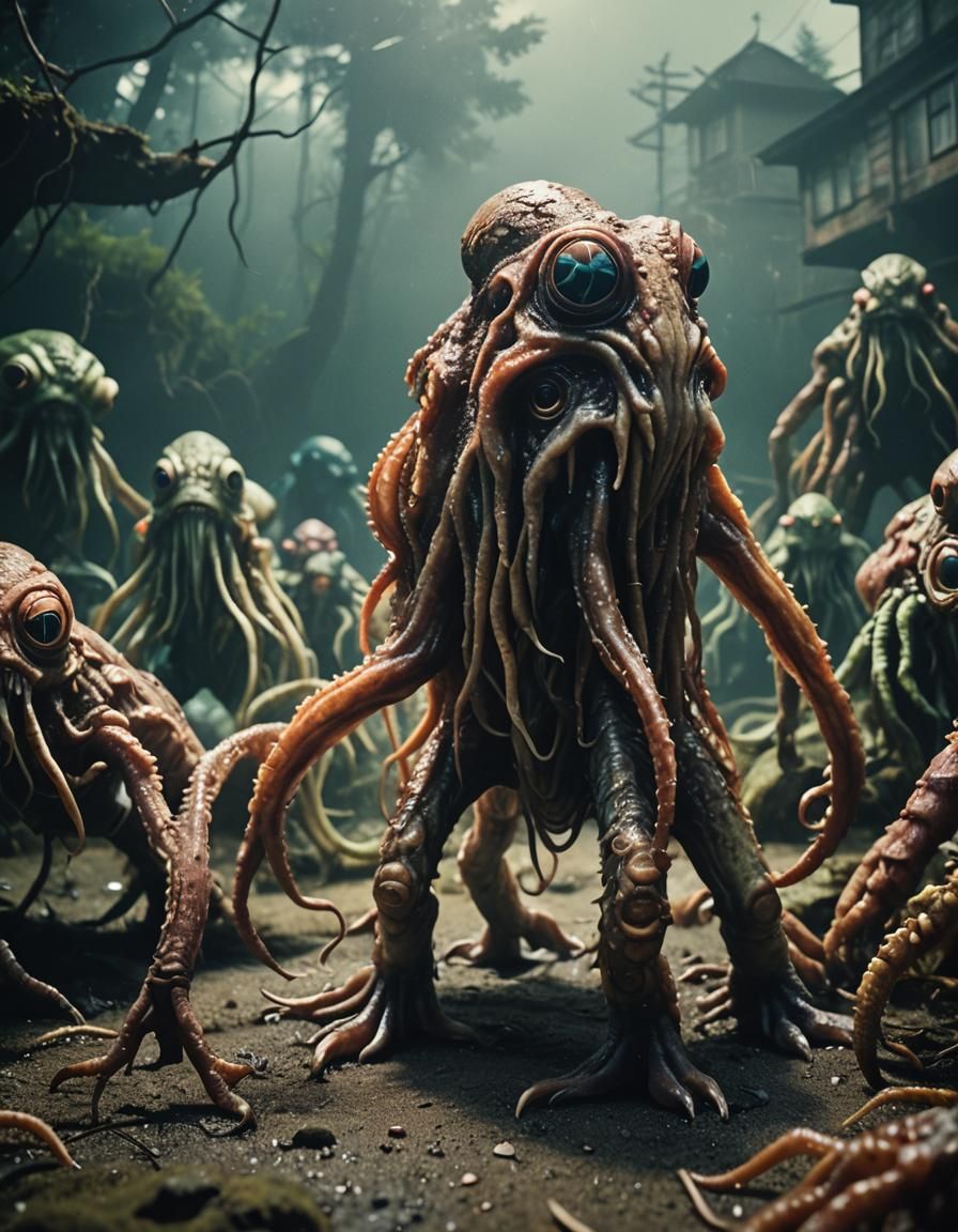 Hyperrealistic Squid Monsters in a Cinematic Still