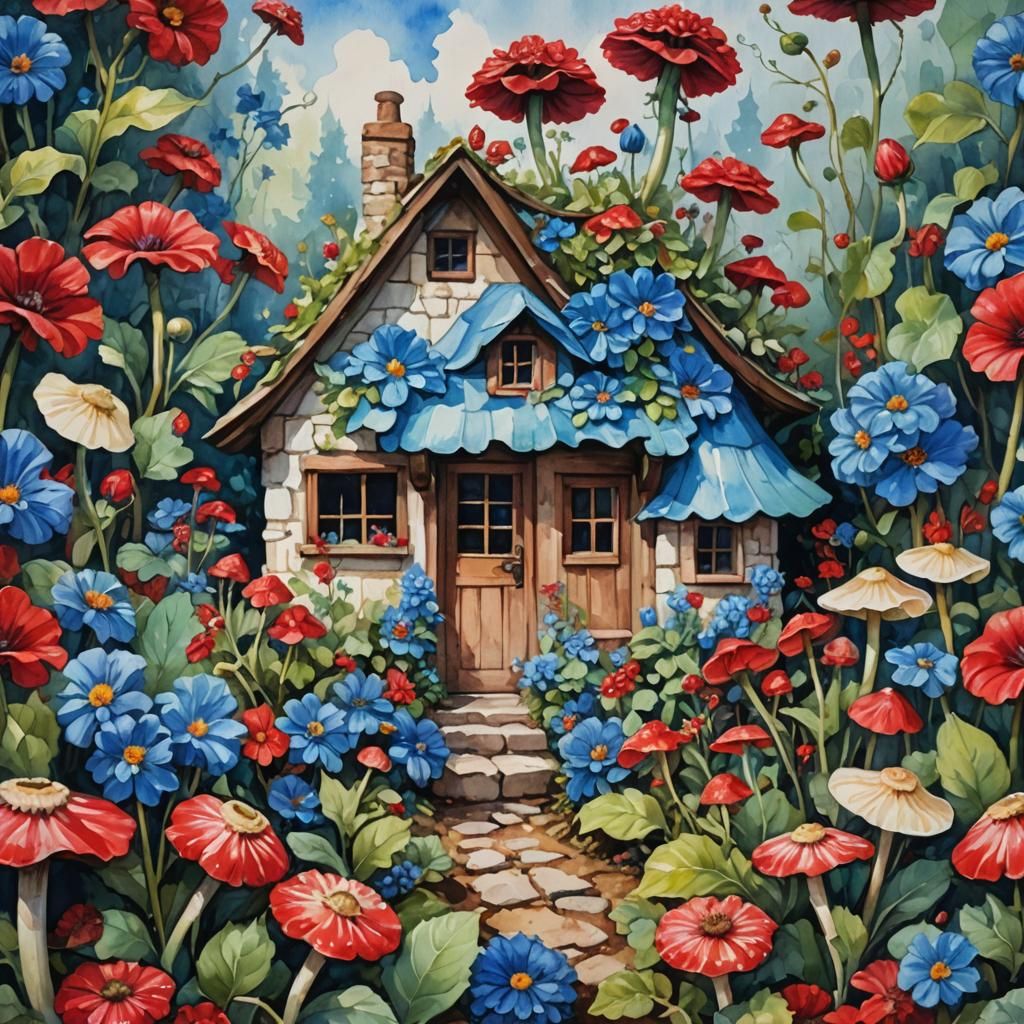 Fairy Tale Cottage with Flowers in Gouache Watercolor