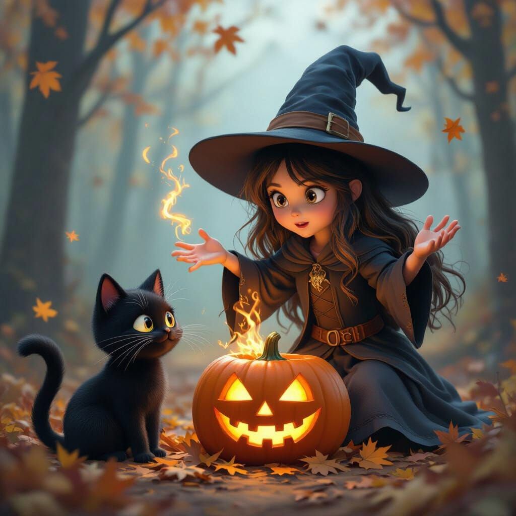Mischievous Wizard Girl Animates Jack O'Lantern in Autumn Wo...