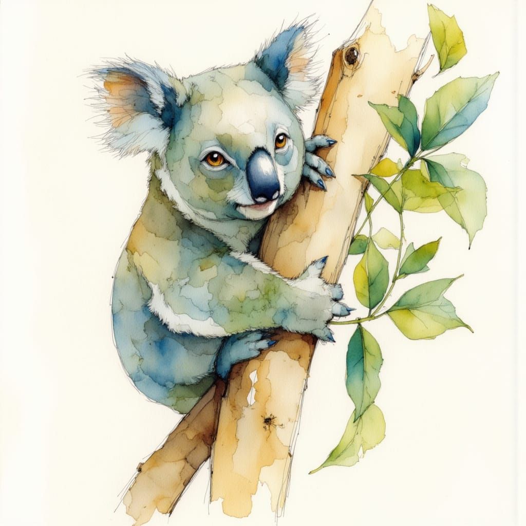 Koala Chewing Leaf in Eucalyptus Tree Watercolor