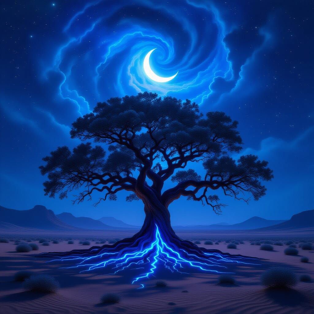Ancient Tree With Glowing Roots In Starlit Nebula Desert