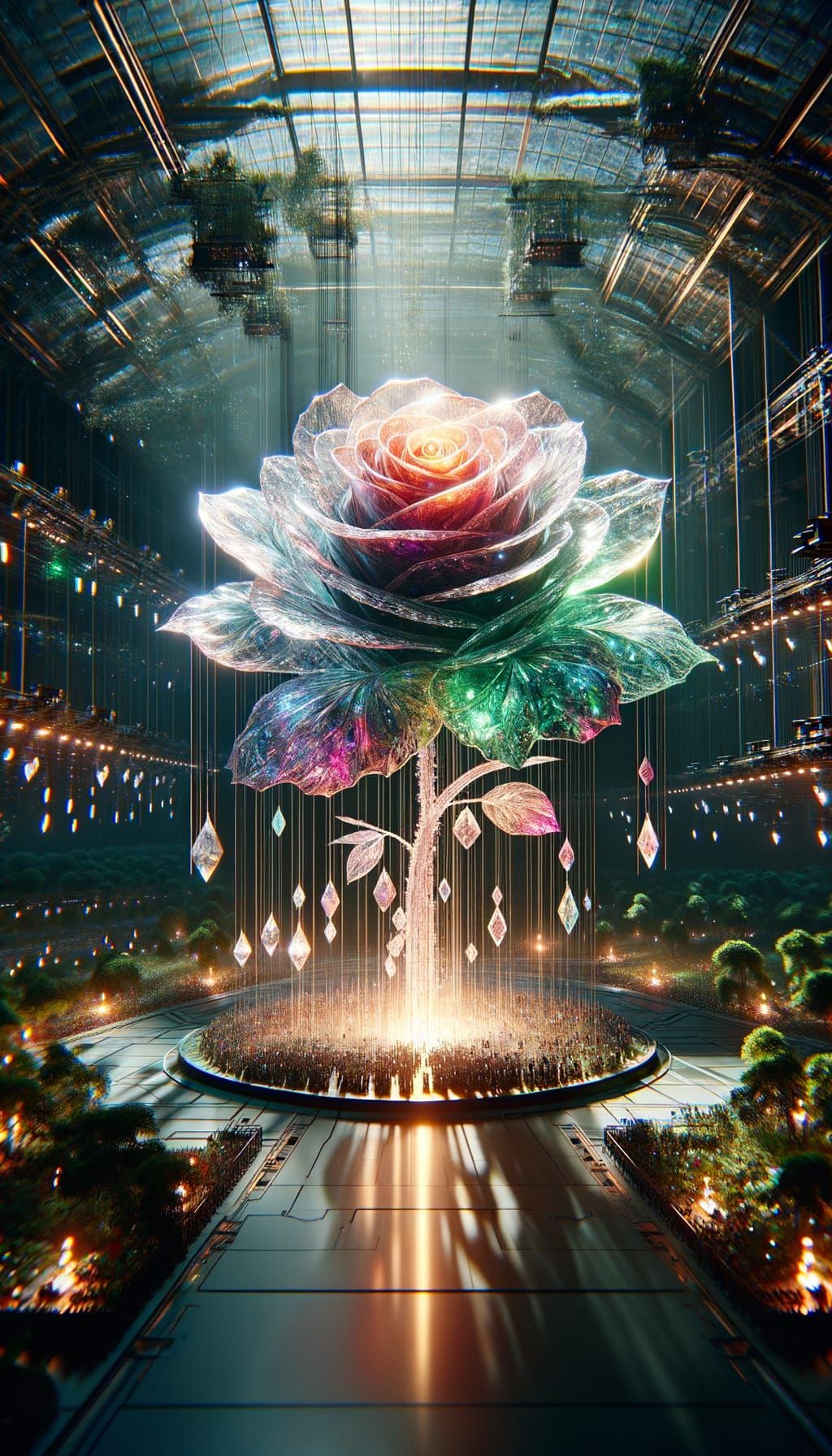 Epic Crystal Rose in a Sci-Fi Greenhouse