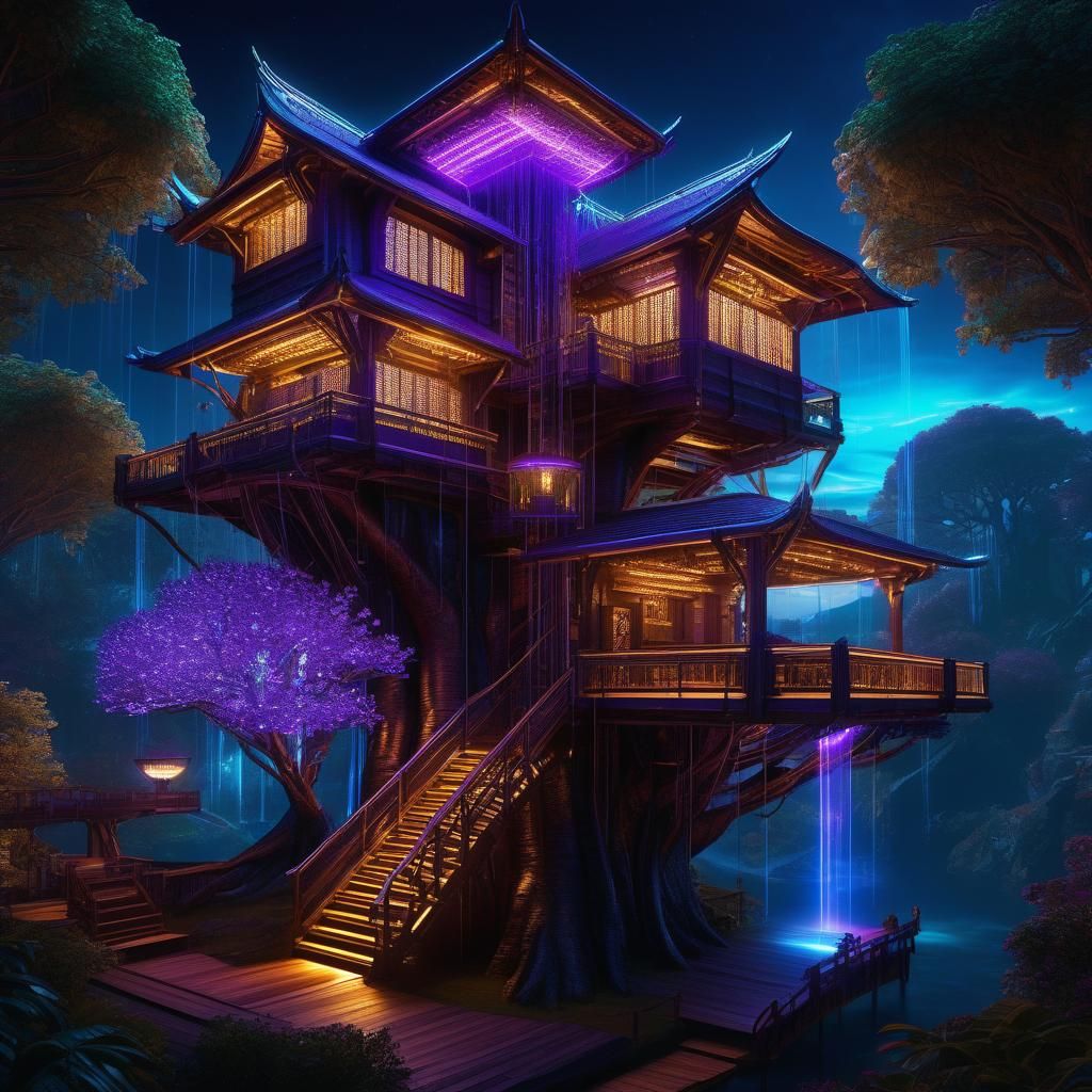 Biopunk Cyber Treehouse with Bioluminescent Lights