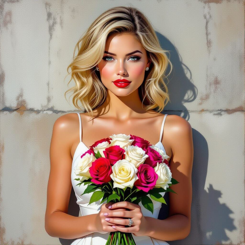 Blonde Woman with Roses: Impasto Oil Painting