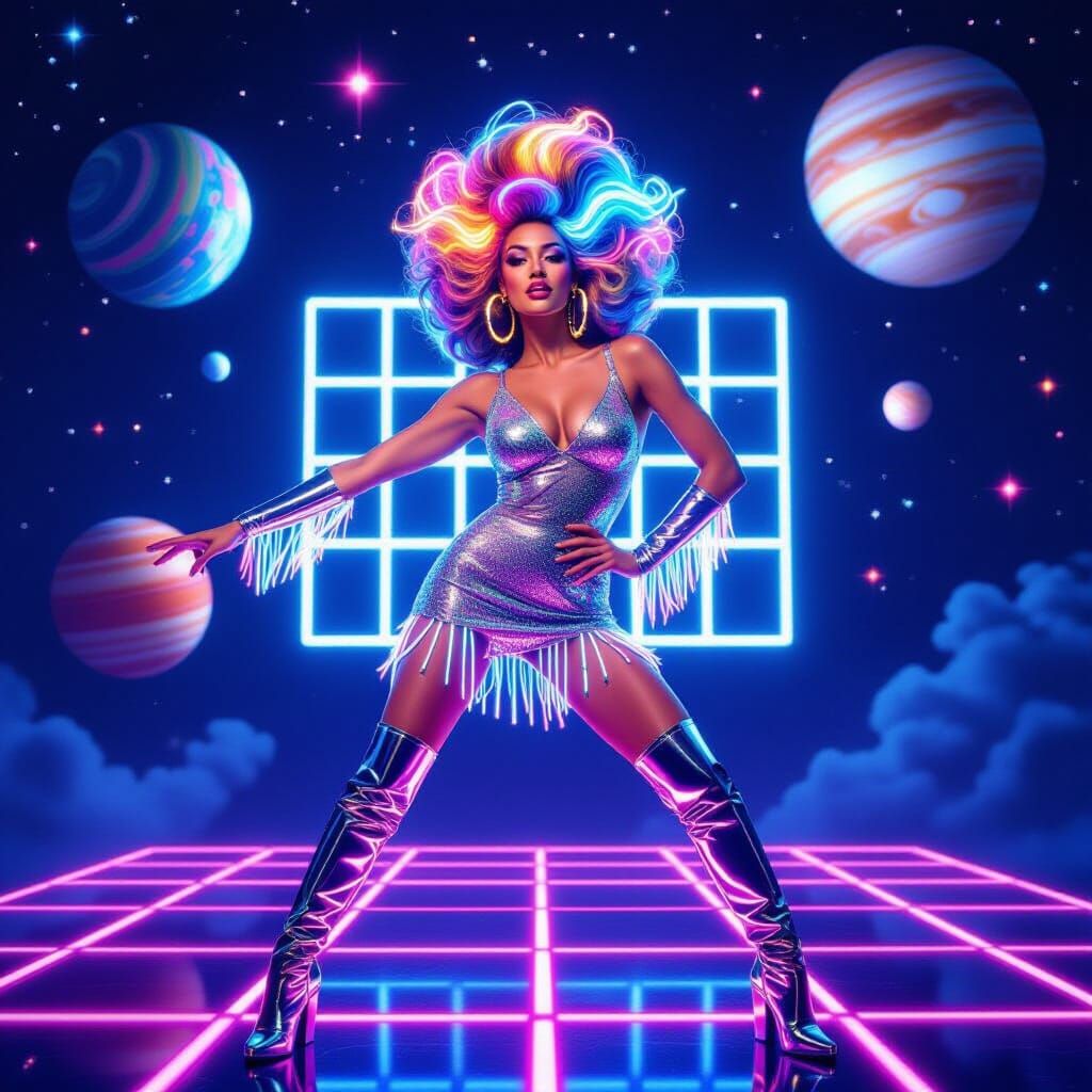 Neon Space Dancer in Retro-Futuristic Style