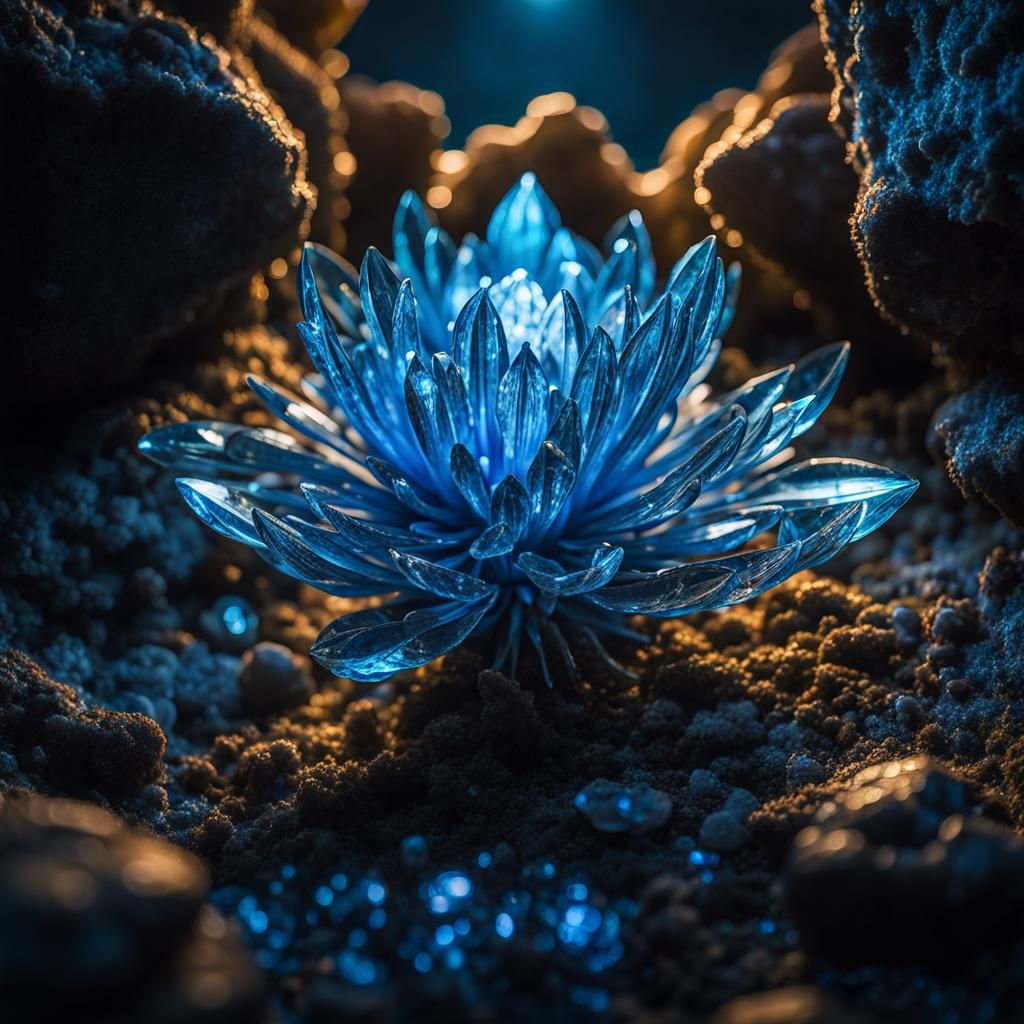 Bioluminescent Crystal Flower in Fantasy Cave