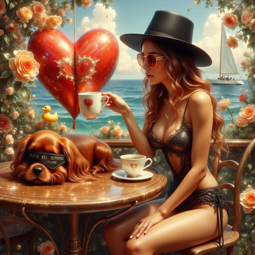 Prism Effect: Puppy and Woman in Surreal Cafe