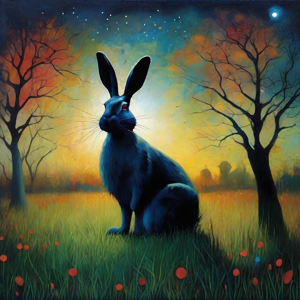 Giant Rabbit's Midnight Rampage: A Symbolist Oil Painting