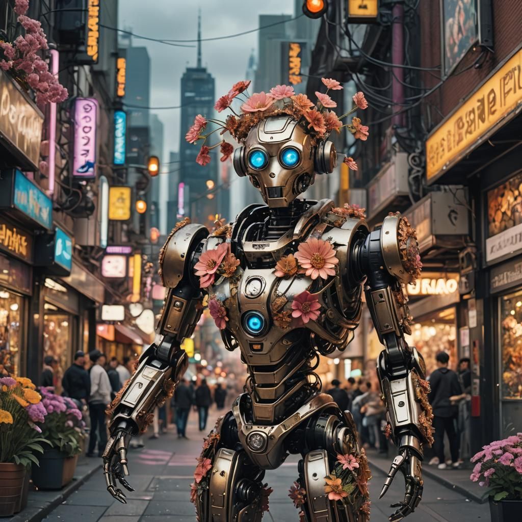 Floral Robot in Mythpunk Cityscape