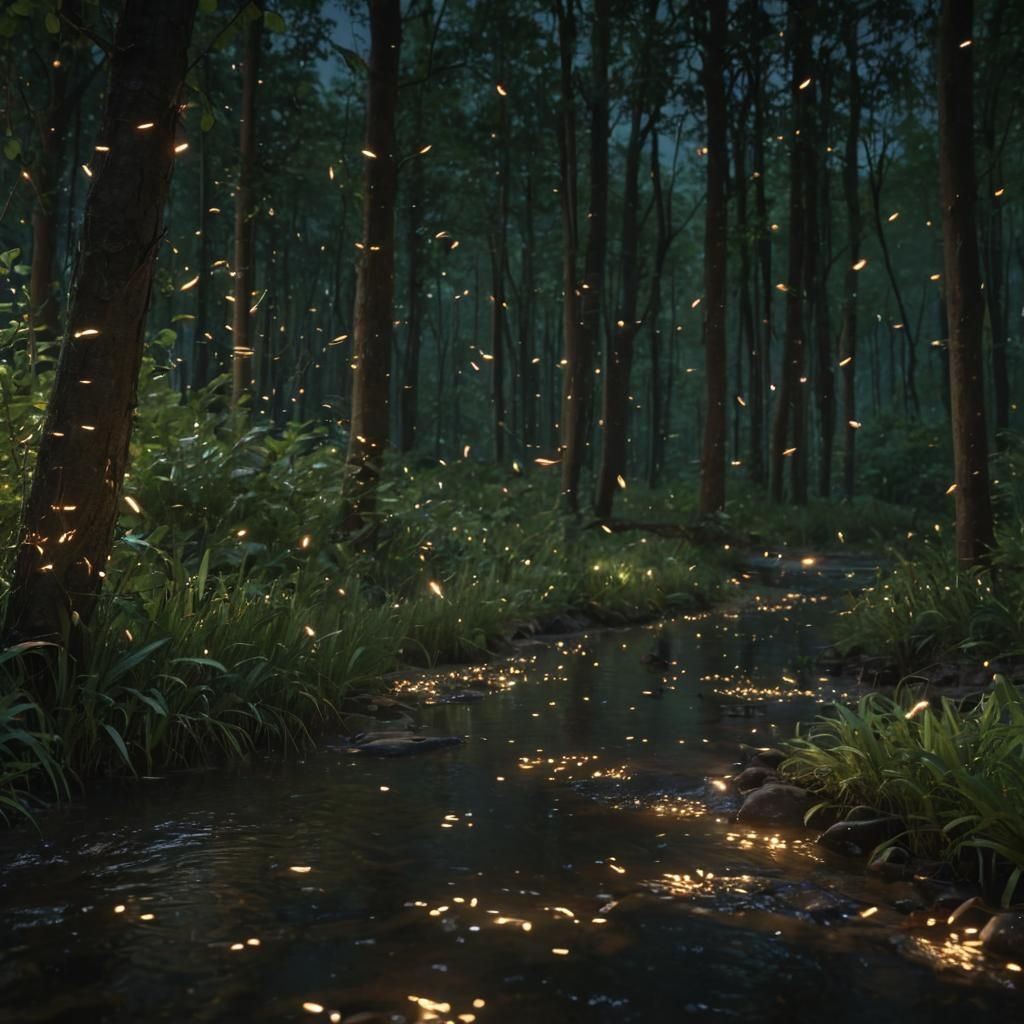 Lush Forest at Night with Dancing Fireflies