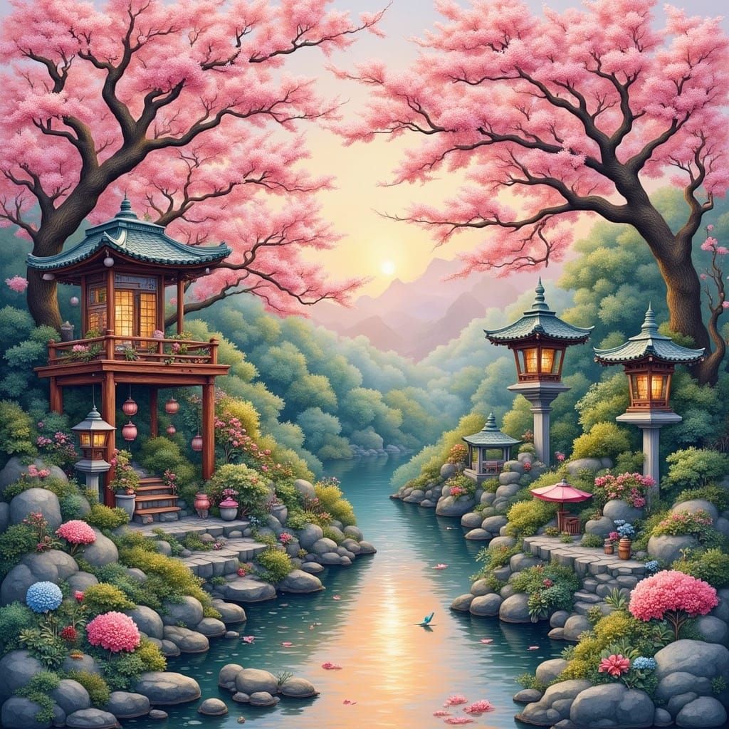 <lora:Vintage Steam:1.0>A serene and enigmatic Japanese Garden with lamps and Benches, lots of ornaments in display, sur...