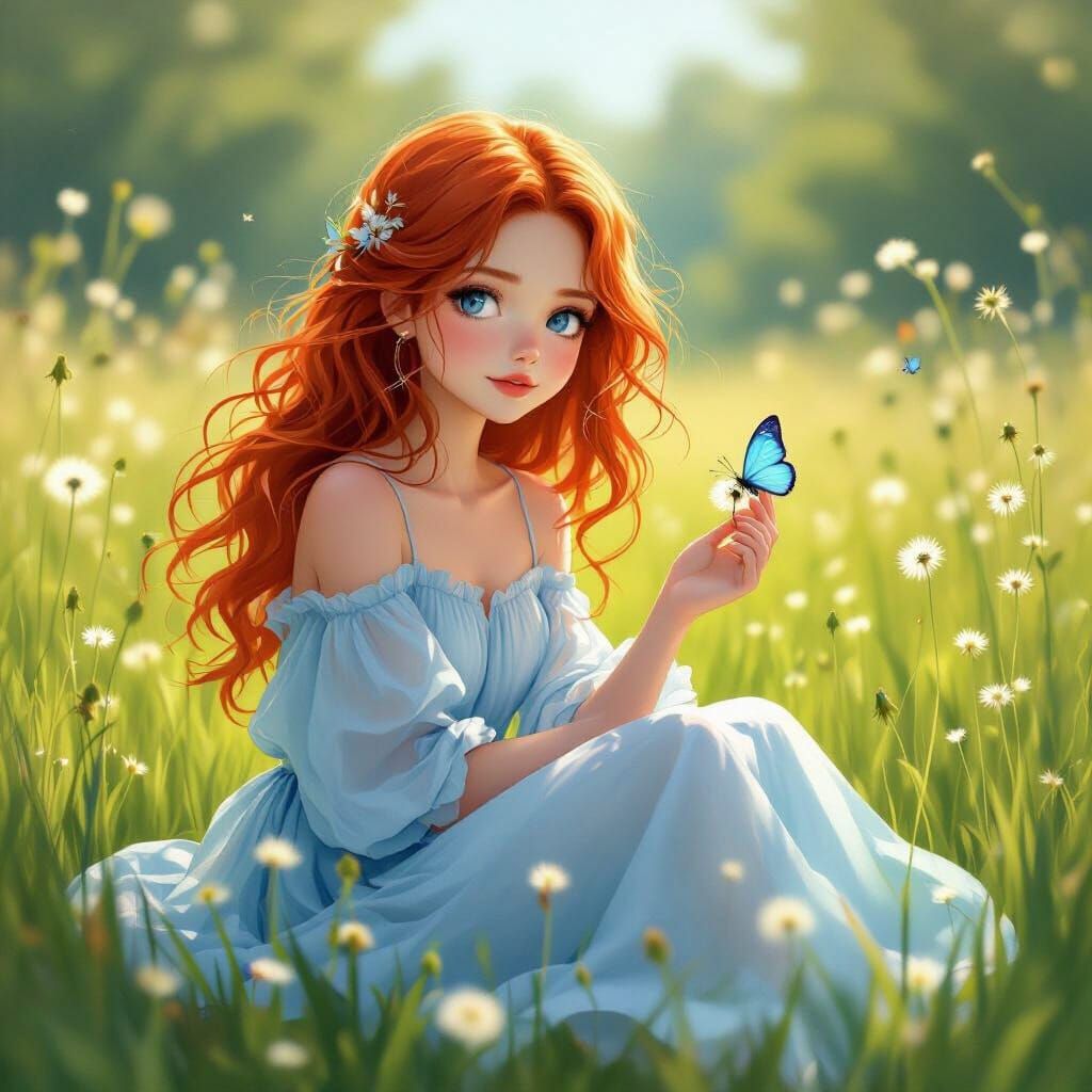 Red-Haired Girl in Meadow with Butterfly, Whimsical Style