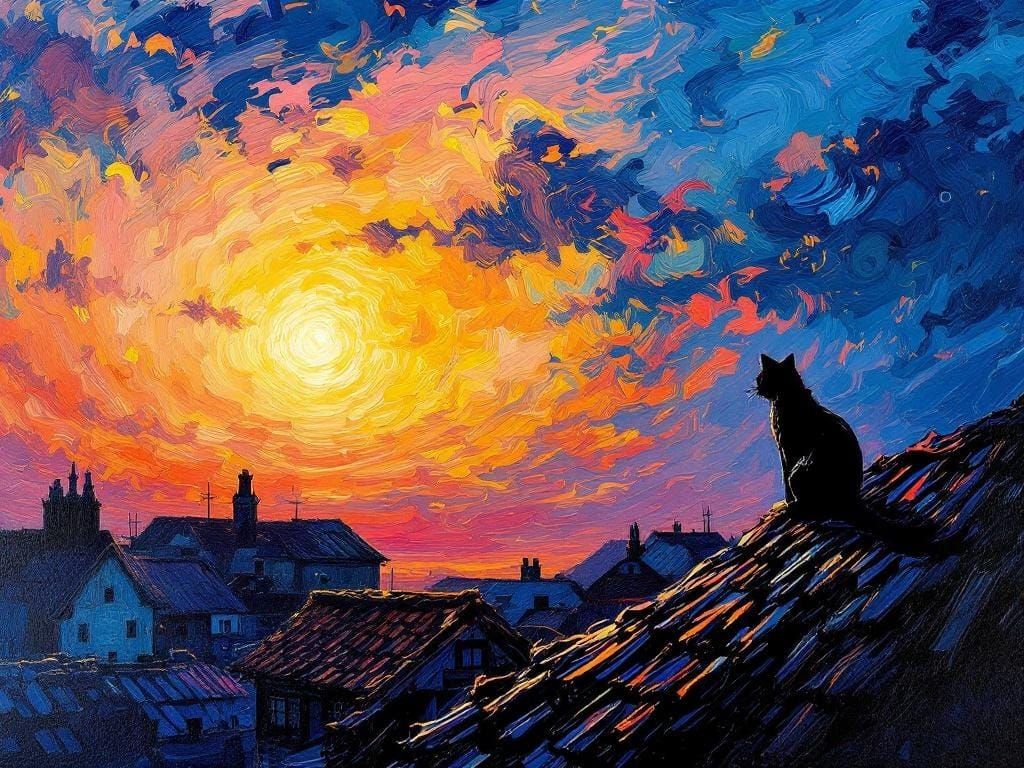 Sunset Vista with Black Cat in Van Gogh Style