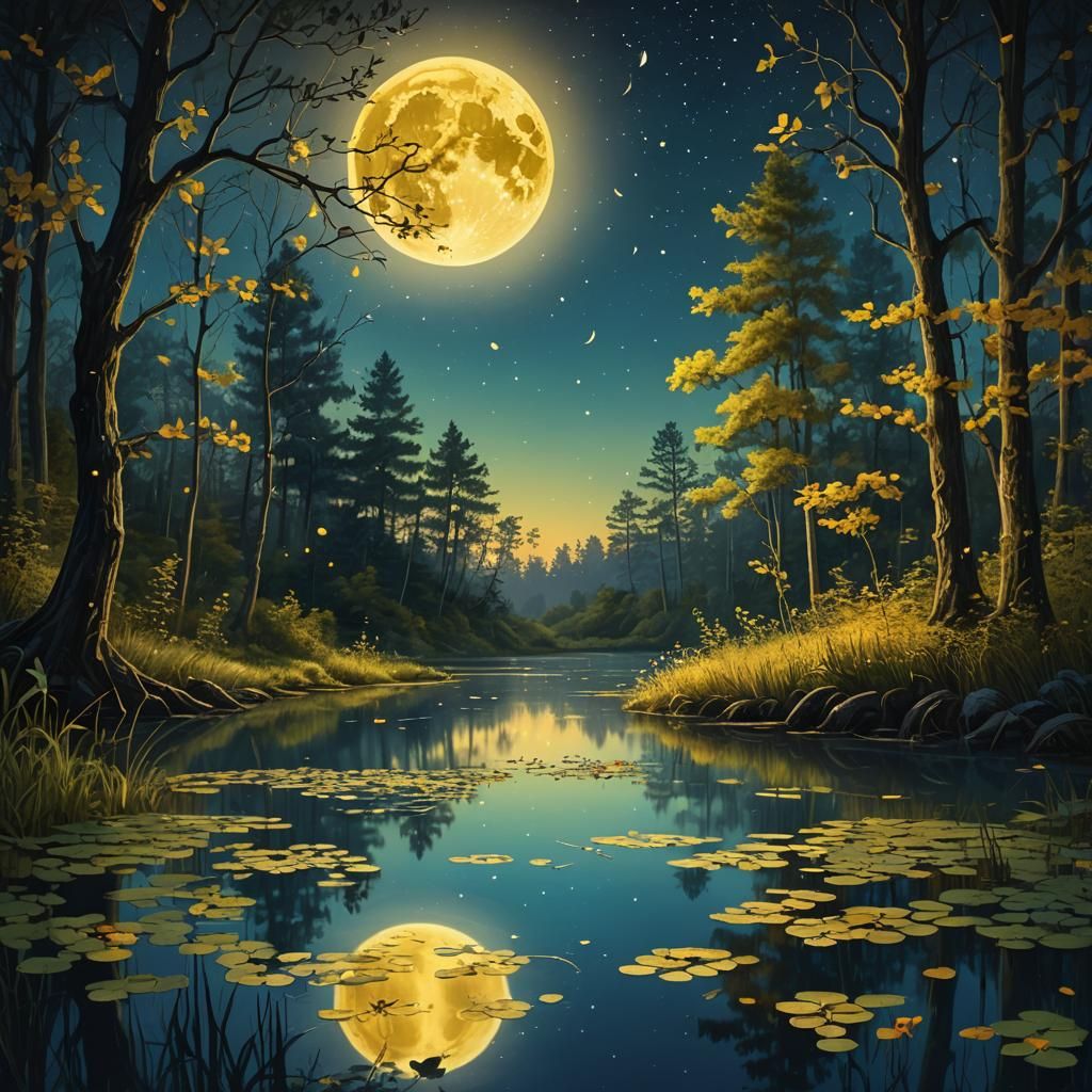 Lush Forest Pond Under Golden Moon, Matte Painting