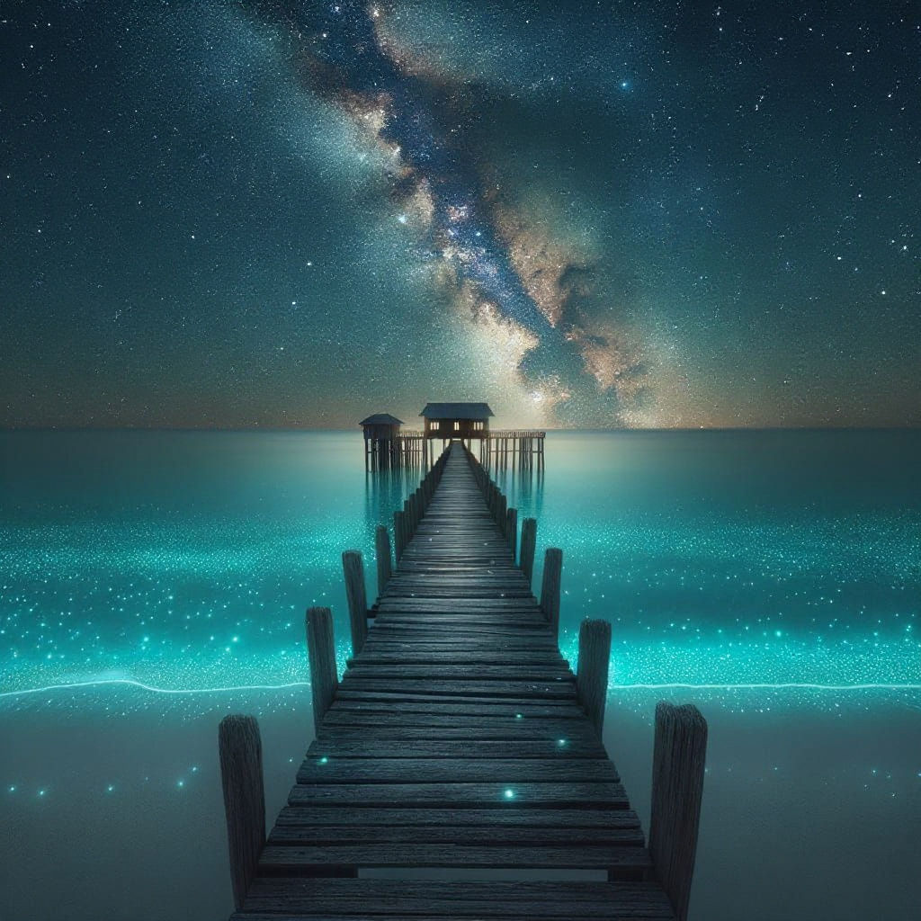 Bioluminescent Ocean Pier Under Starry Night Sky