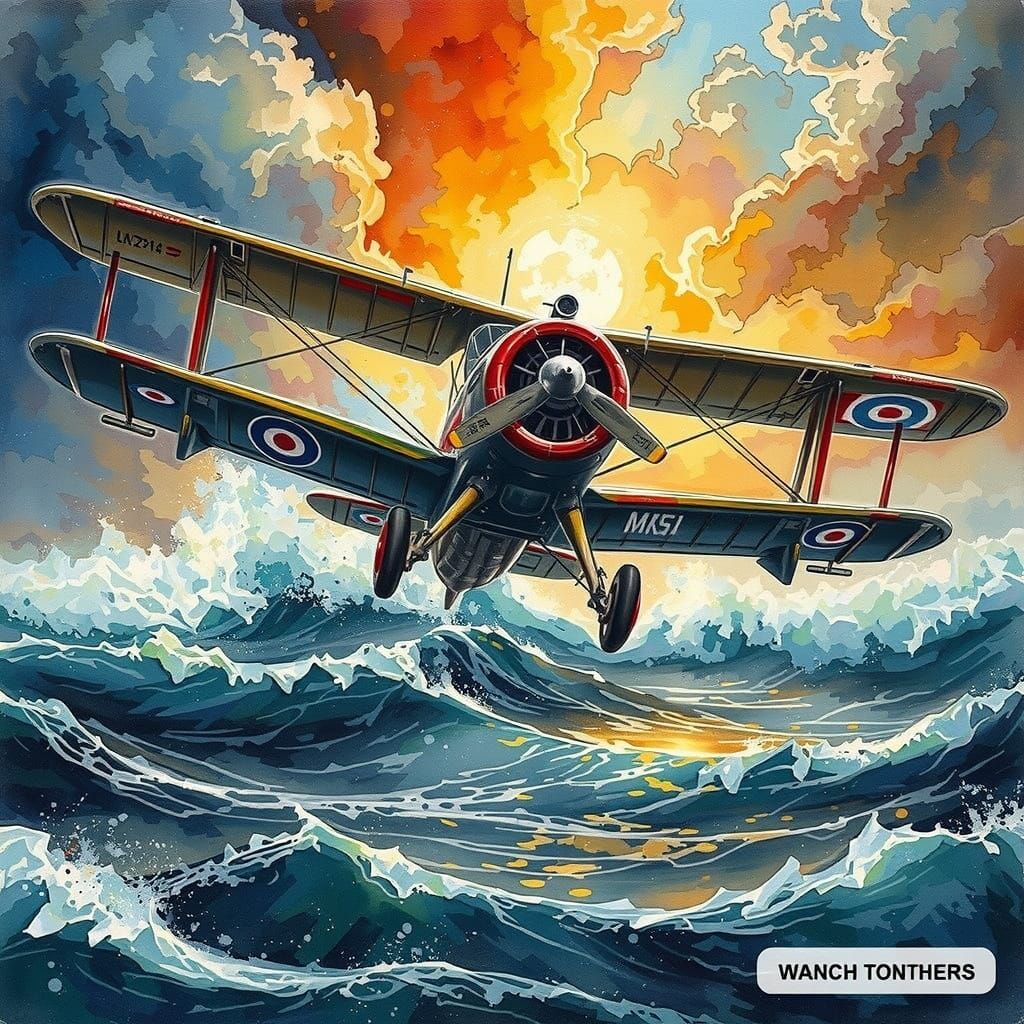 Heroic Watercolor Storm Scene: Swordfish MK-1 Soars Over Tur...