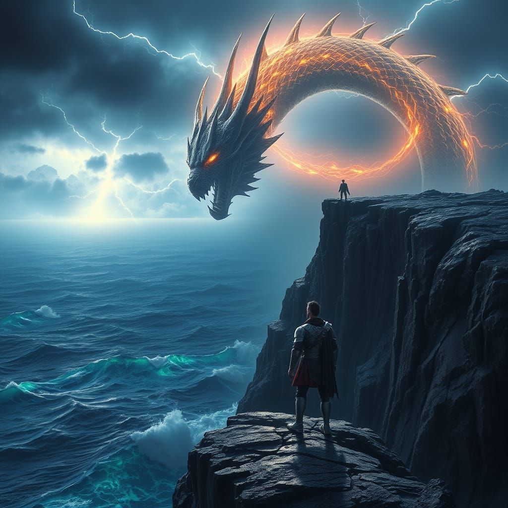 Hero Confronts Dragon in Epic Fantasy Landscape