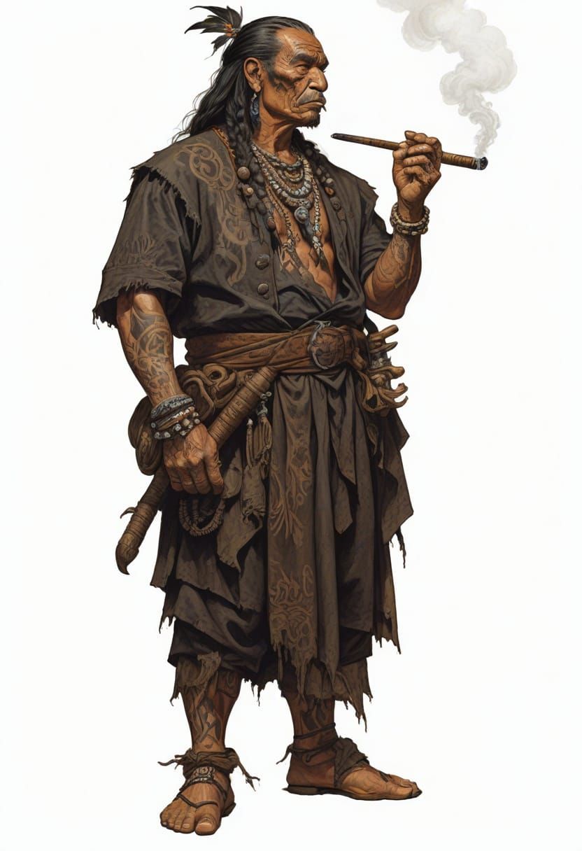 Polynesian Chieftain Smoking Pipe in Heroic Fantasy Style
