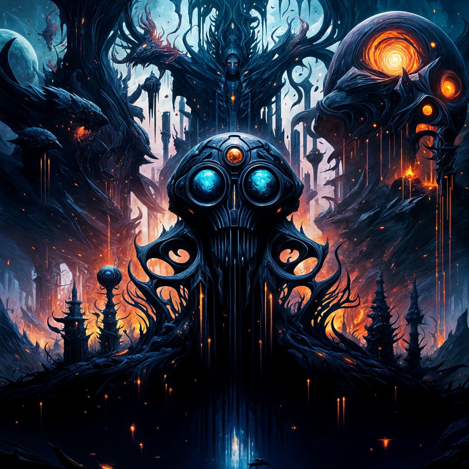 Futuristic Humanoid Bio-Weapon Amidst Nightmarish Chaos