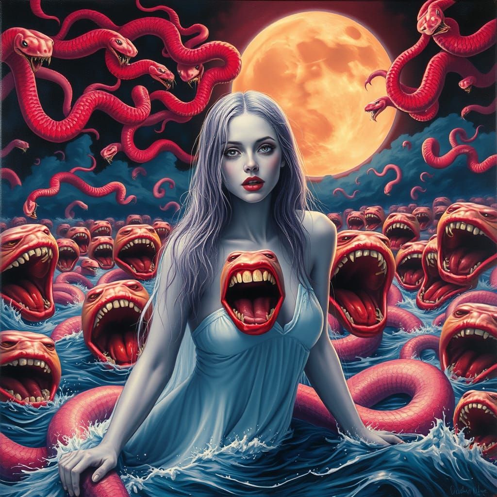 Gothic Goddess in Surreal, Stormy Ocean