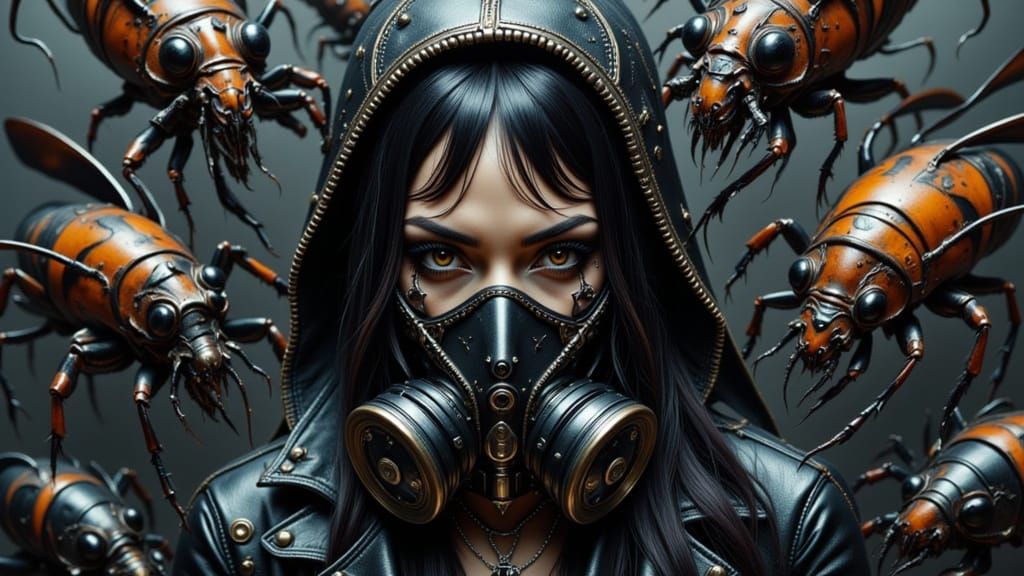Woman in Gas Mask Surrounded by Killer Insects
