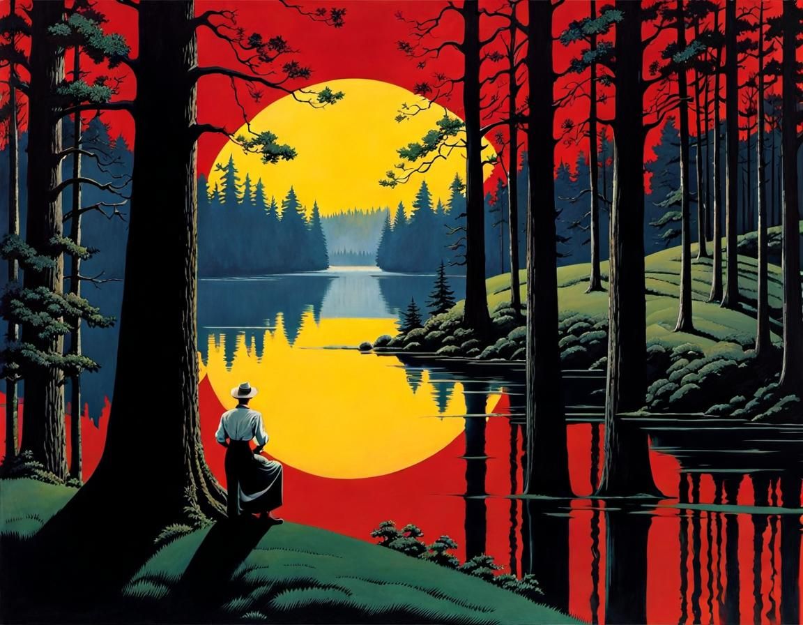 Girl in Woods, Rockwell Style Illustration