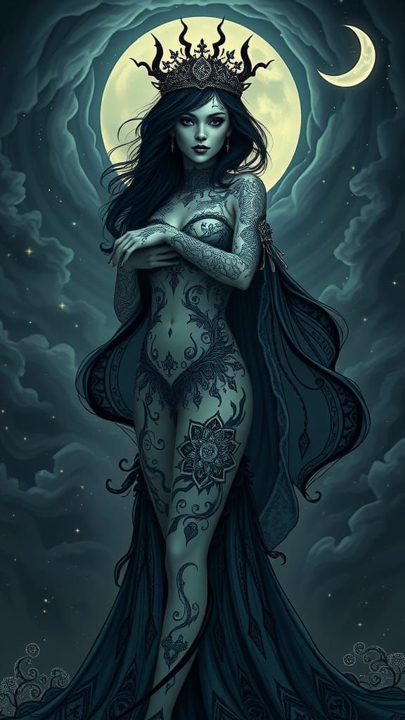 Gothic Bride with Tattooed Body in Art Nouveau Style