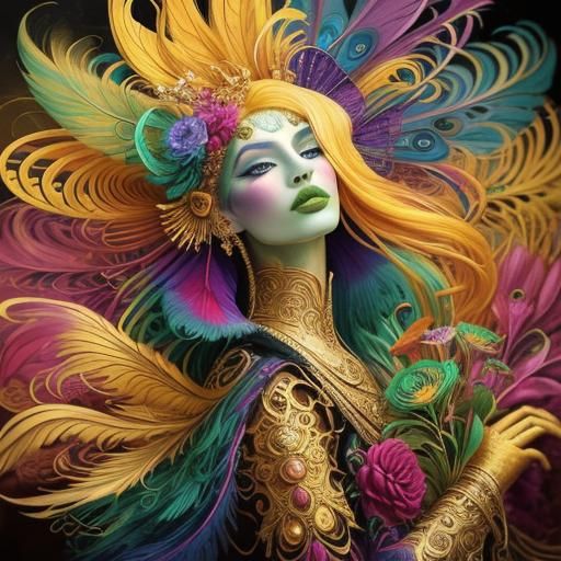 Colorful Dragon Peacock Woman in Dreamlike Abstract Art