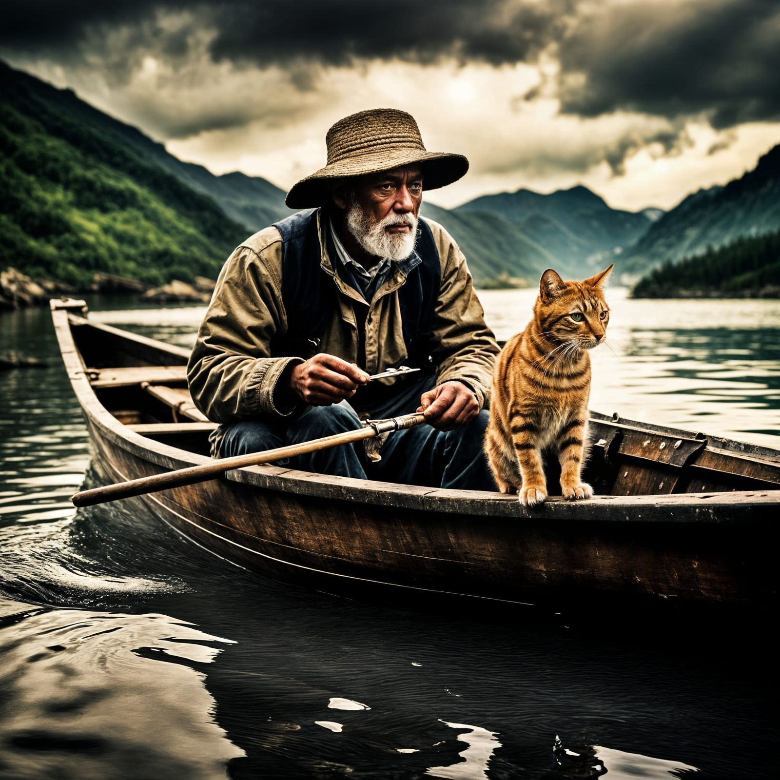 Fisherman and Cat on Boat in Hyperrealistic Style