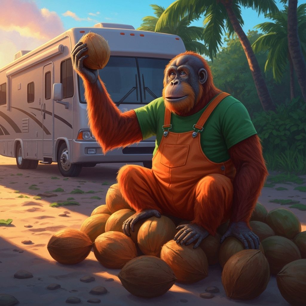 Orangutan with Coconuts by Motorhome in Golden Hour
