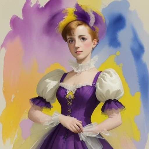 A jack russell terrier wearing a vivid yellow and dark purple laced gown